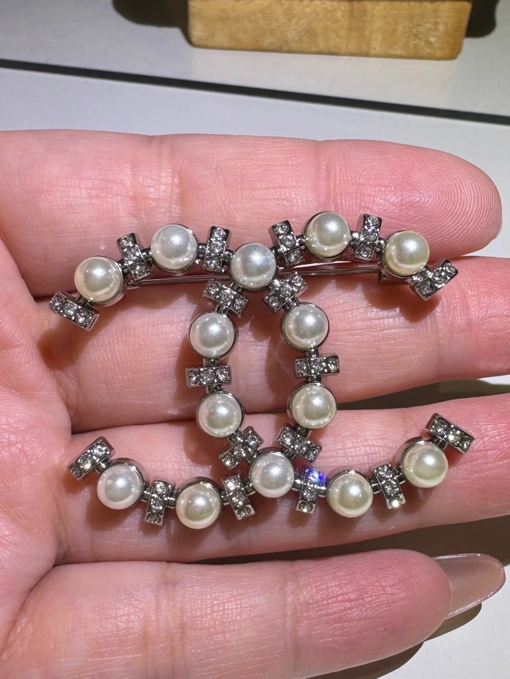 Pearl & Crystal Silver Tone Statement Brooch Pin